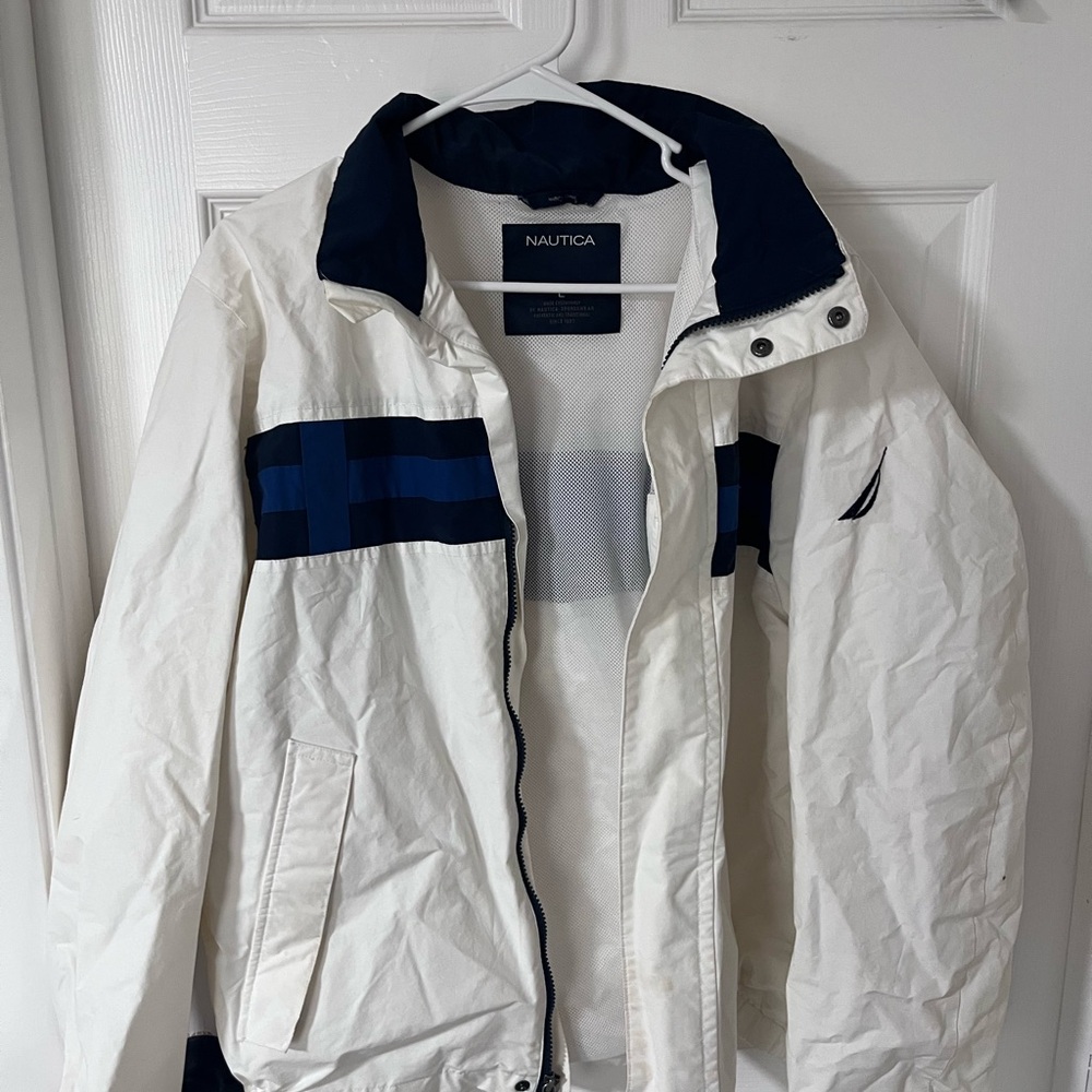 Nautica White Windbreaker with Navy Stripe Details